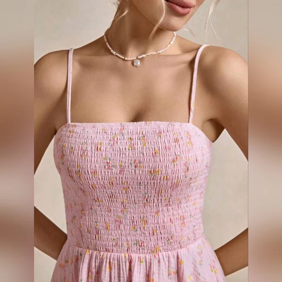 New Boho Floral Print Cotton Smocked Cami Short Dress Pink Yellow - Picture 4 of 9